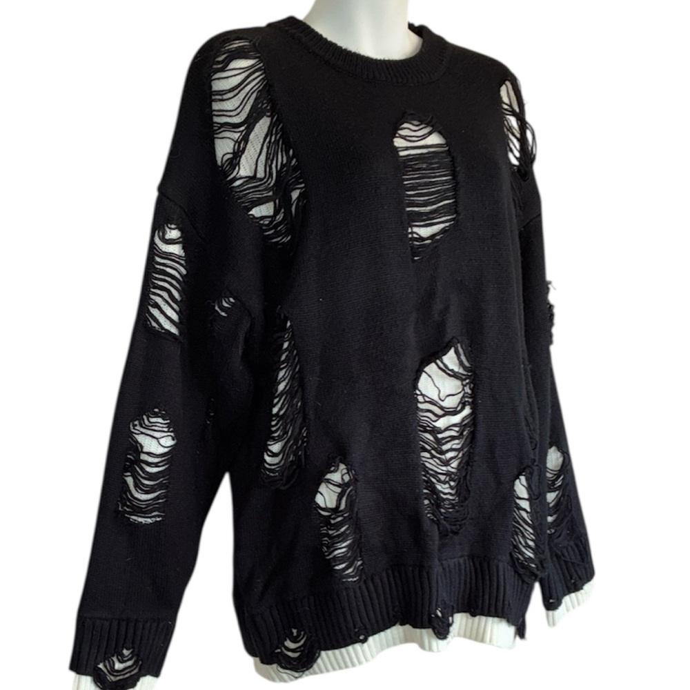 NEVSTUDIO Sweater, Black and White Knit, Destroyed Top Black Layer. L EUC